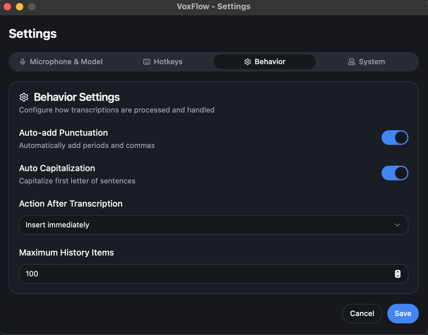 Behavior Settings Interface